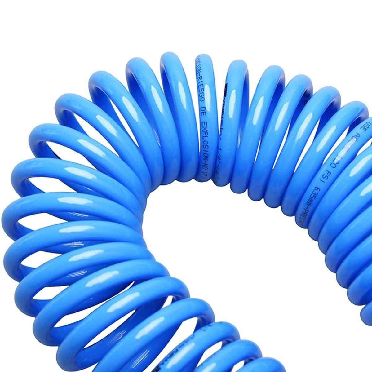 Polyurethane Recoil Air Hose with Swivel Fittings and Bend Restrictors.