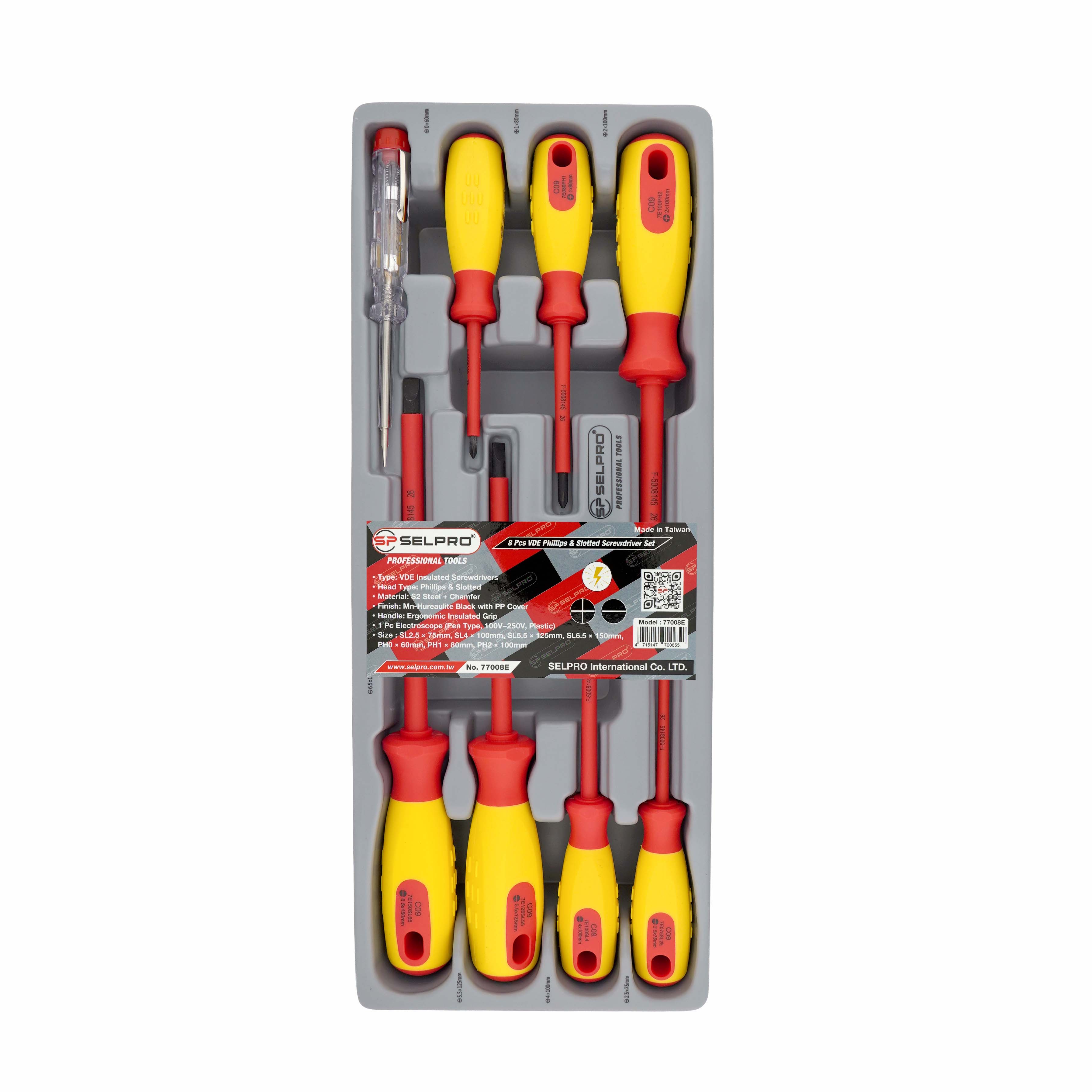 Insulated Curved Screwdriver Set Including Voltage Tester.