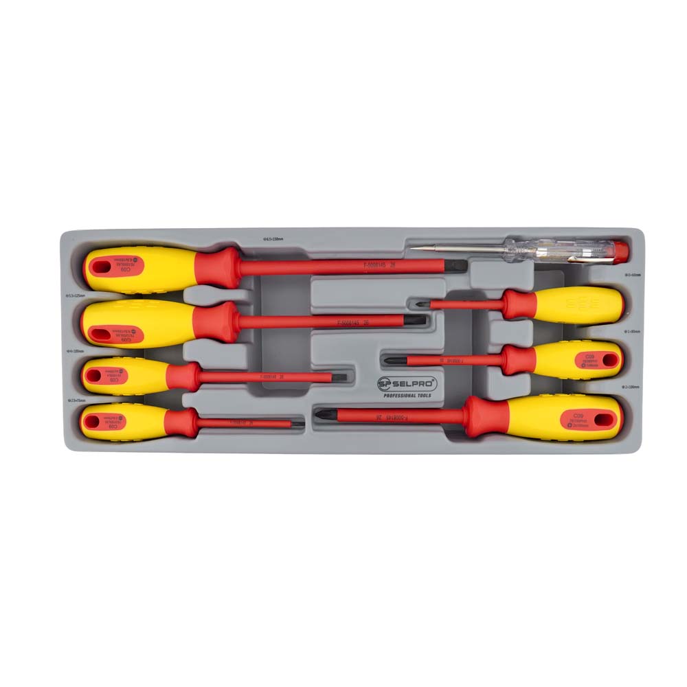 Insulated Curved Screwdriver Set Including Voltage Tester.